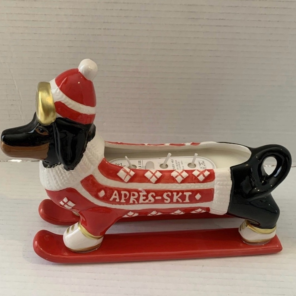Bella Lux Dachshund Doxie Dog Ceramic Skiing Apres Ski Candle Decor NEW Viral